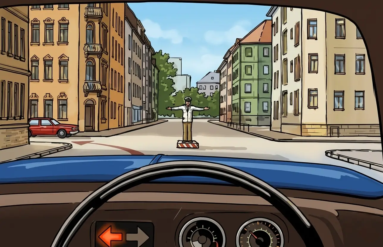 Driver's view at a crossroads with a police officer standing in the middle of the road